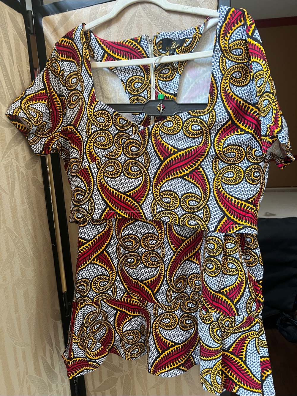 Diva Short Sleeve Peplum Tunic Top - Red, Yellow, Black